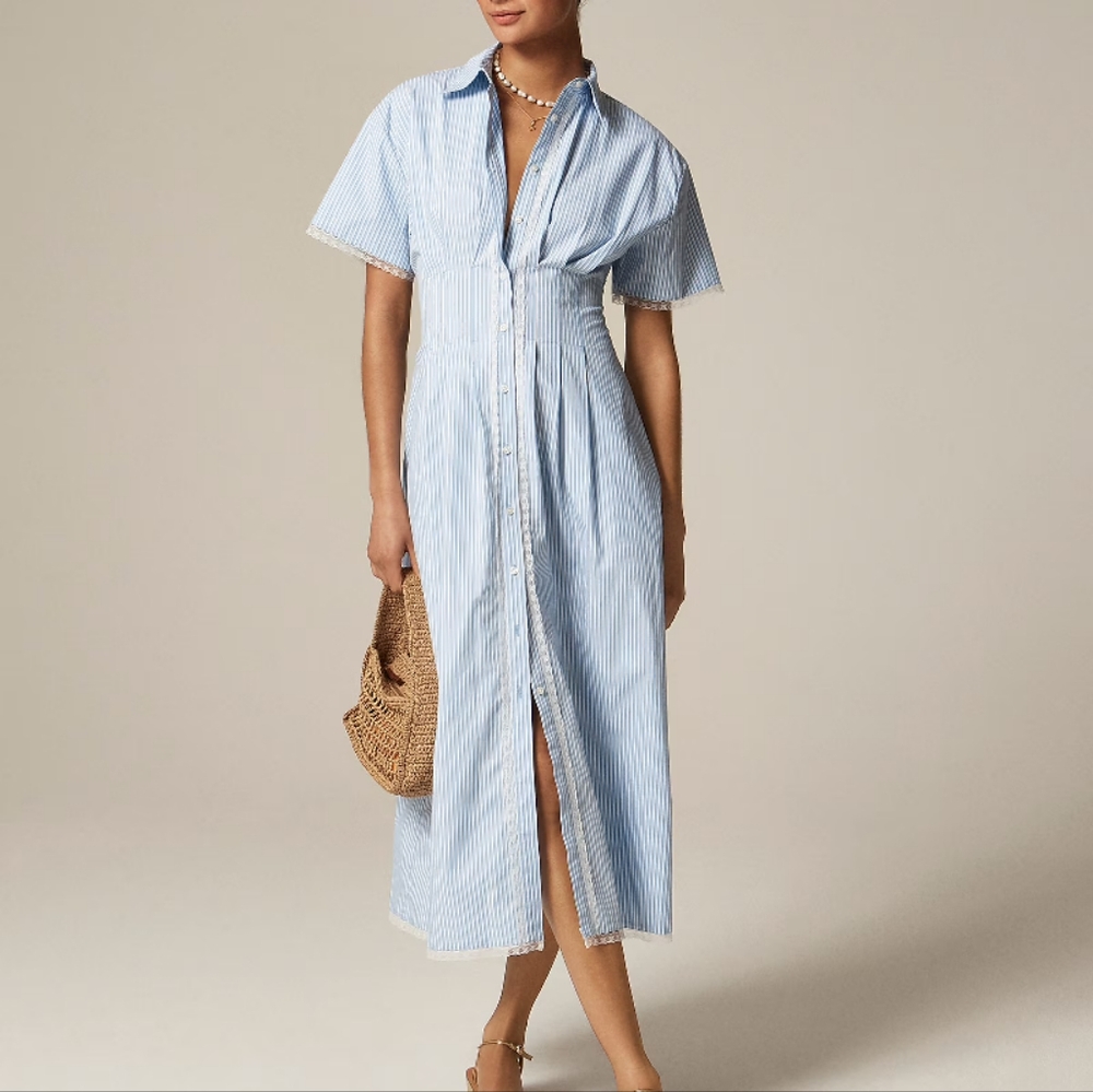 J. Crew Wren Blue and White Lace Trim Shirt Dress NWT